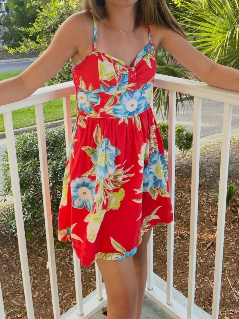 Hollister Red Floral Spaghetti-Strap Dress with Blue & Green Accents